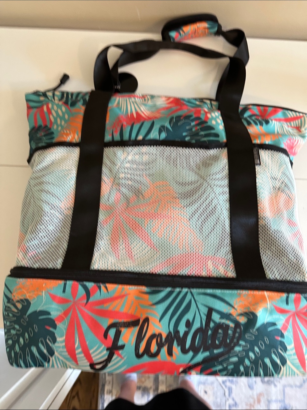 Robin Ruth Tropical Print Beach Tote Bag in Teal and Coral